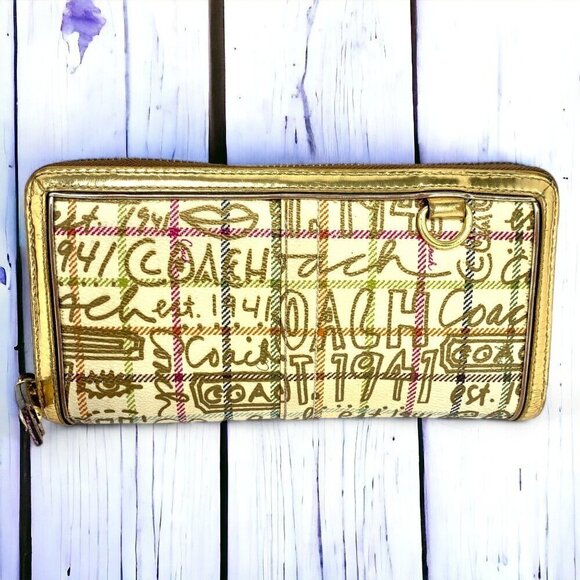 COACH Tattersall Large Zip Around Wallet Gold Signature Coated Canvas & Leather - Picture 4 of 9